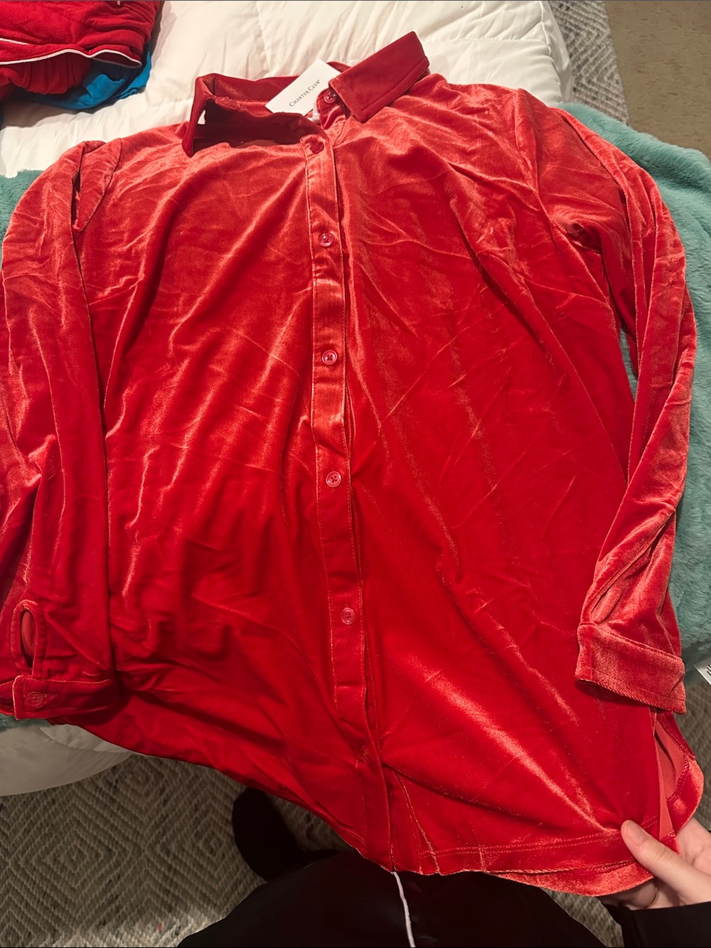 Charter Club Red Velvet Long-Sleeve Button-Up Top